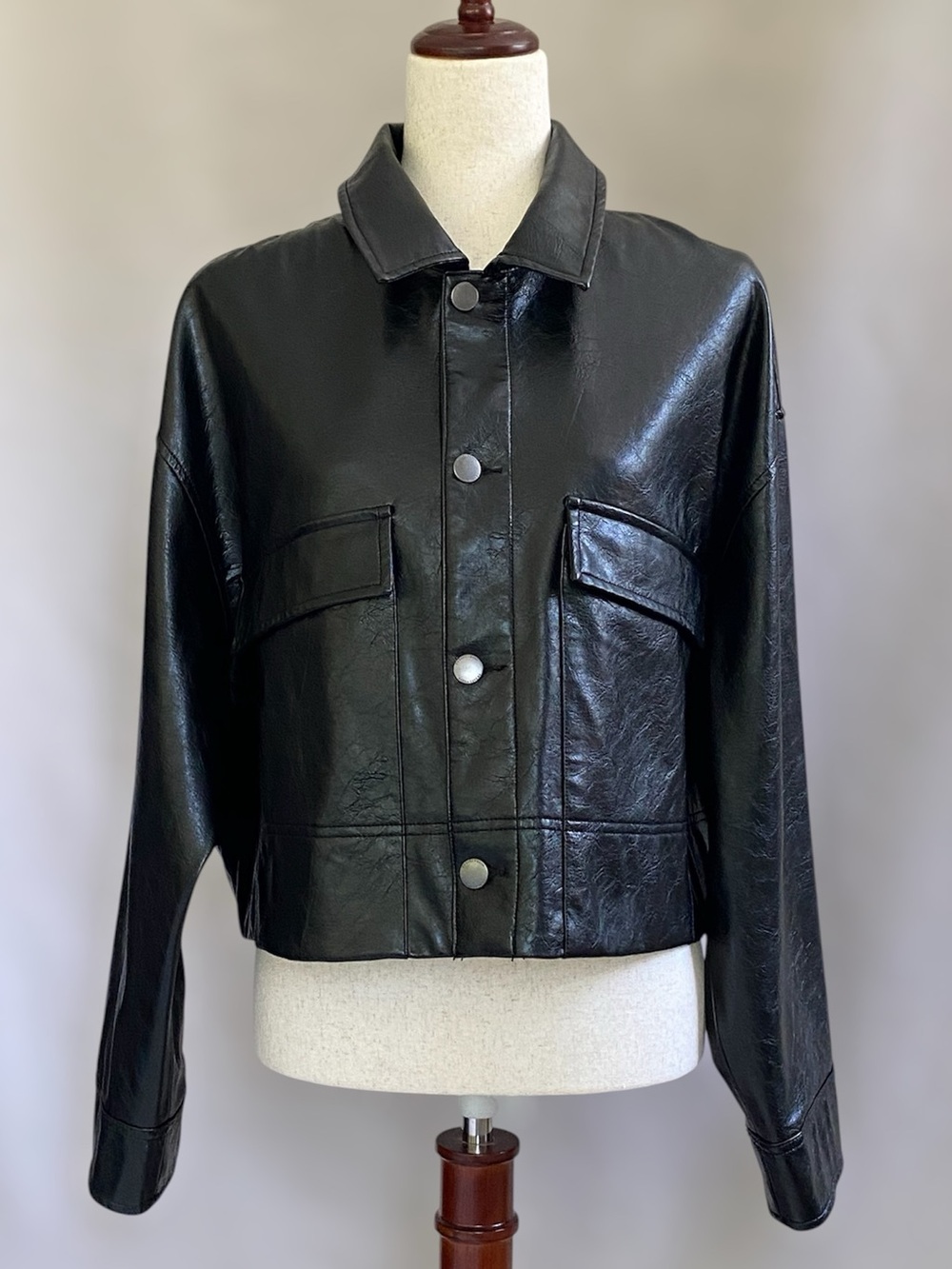 Zara Cropped Faux Leather Oversized Button Front Shaket